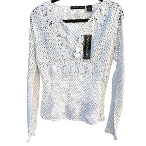 Tomfoolery Crochet Boho Festival Open Knit Long Sleeve Sheer White Blouse L New